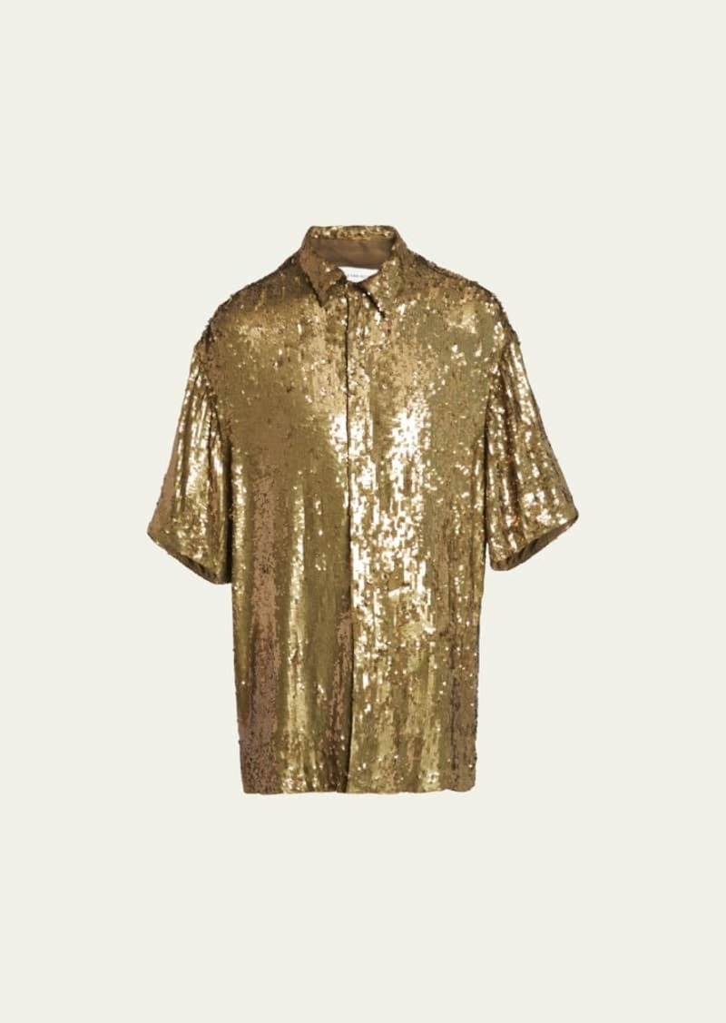 Dries Van Noten Men's Shiny Paillette Short-Sleeve Shirt