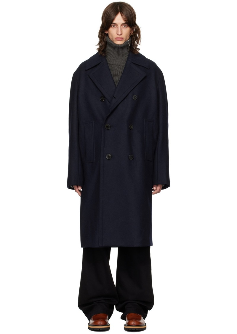 Dries Van Noten Navy Double-Breasted Coat