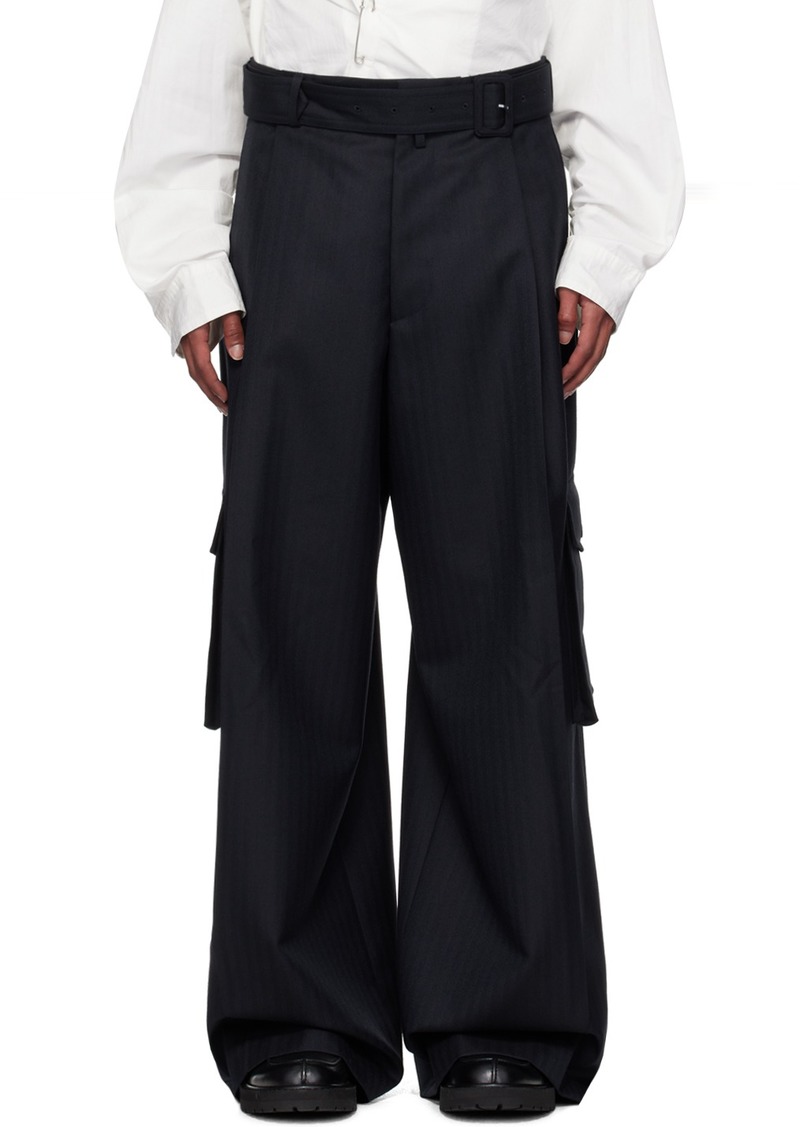 Dries Van Noten Navy Wide Belted Cargo Pants