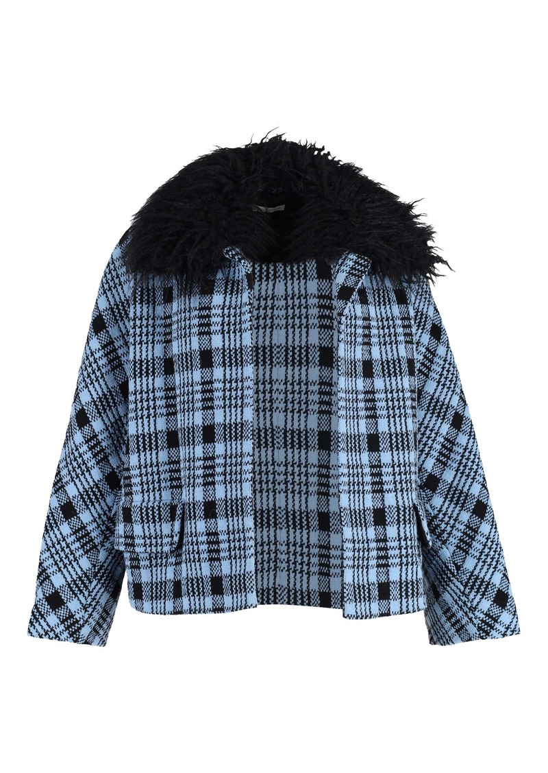 Dries Van Noten Open Plaid With Fur Jacket in Blue Wool