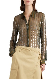 Dries Van Noten Paillette Stripe Sheer Silk Chiffon Button-Up Shirt