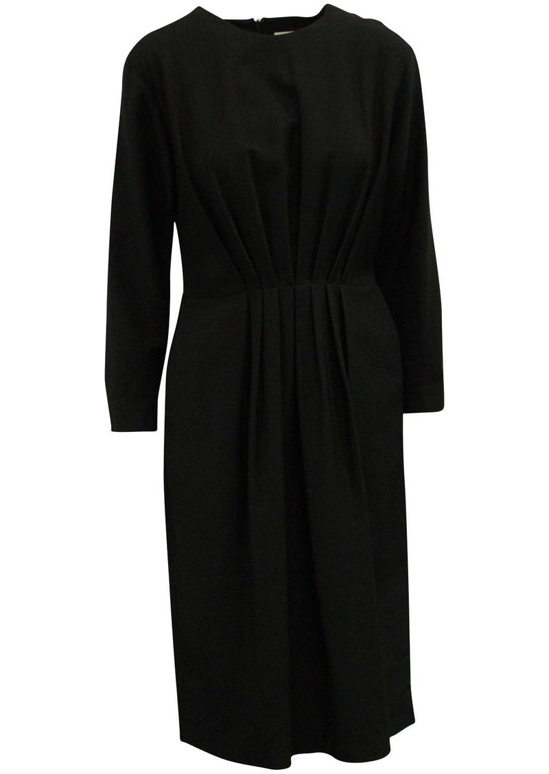 Dries Van Noten Pleated Long Sleeves Midi Dress in Black Wool