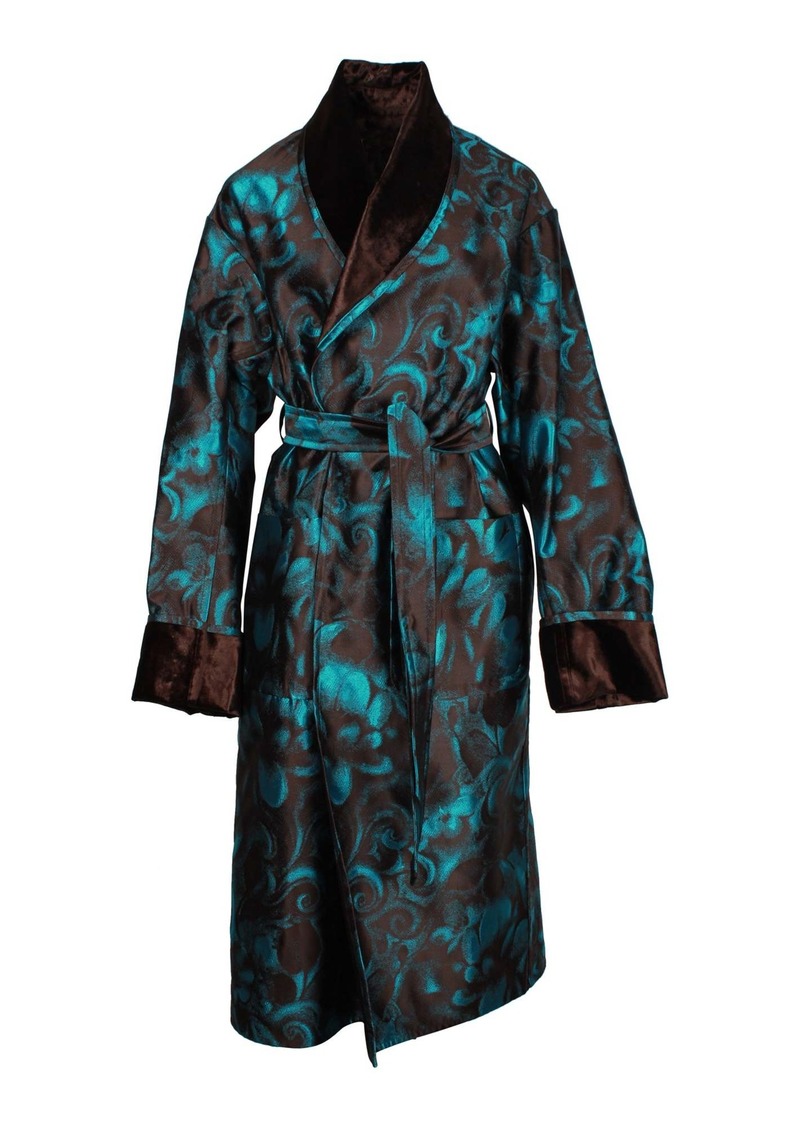 Dries Van Noten Romo Floral Jacquard Bonded Coat in Turquoise Viscose