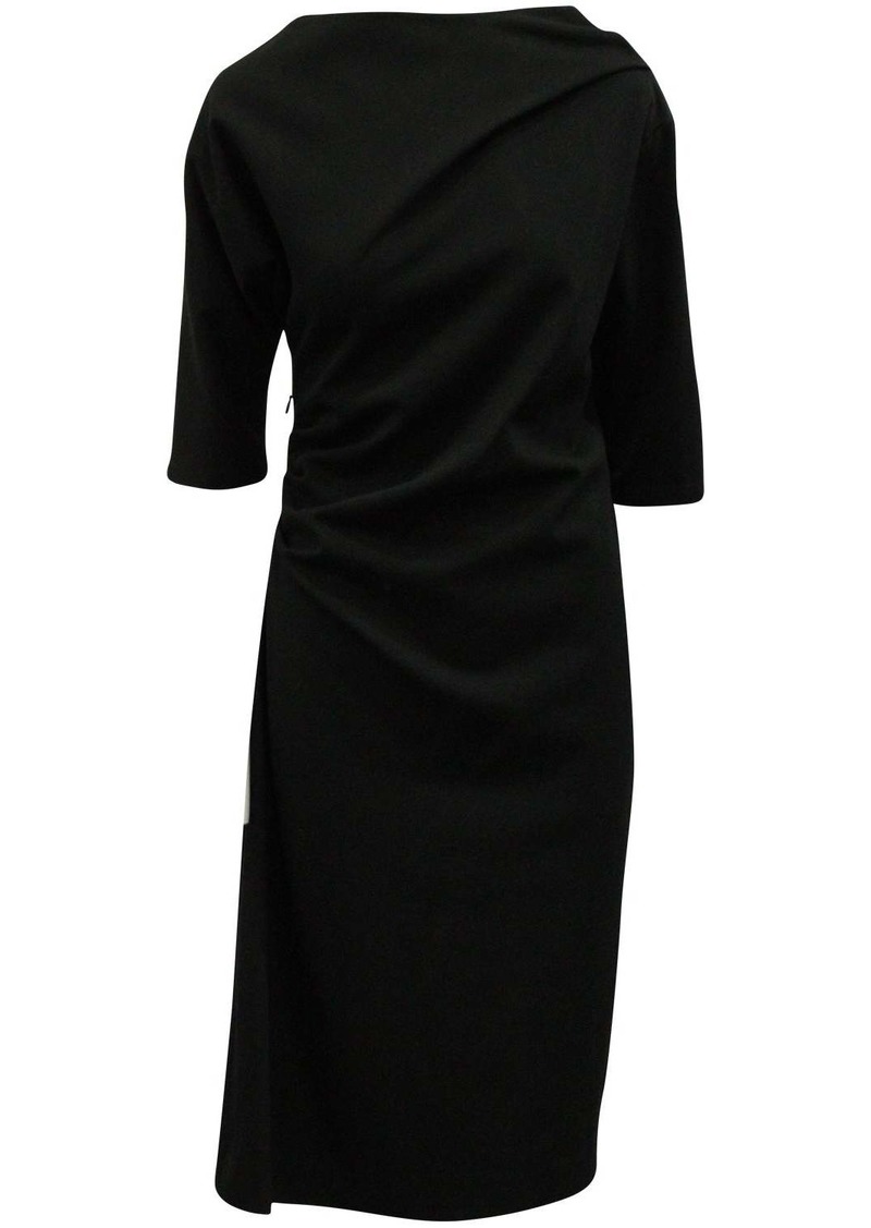 Dries Van Noten Ruched Midi Dress in Black Wool