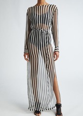 Dries Van Noten Stripe Long Sleeve Sheer Silk Maxi Dress