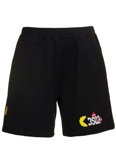 Dsquared2 Black Shorts with Logo x PacMan Print in Cotton Man