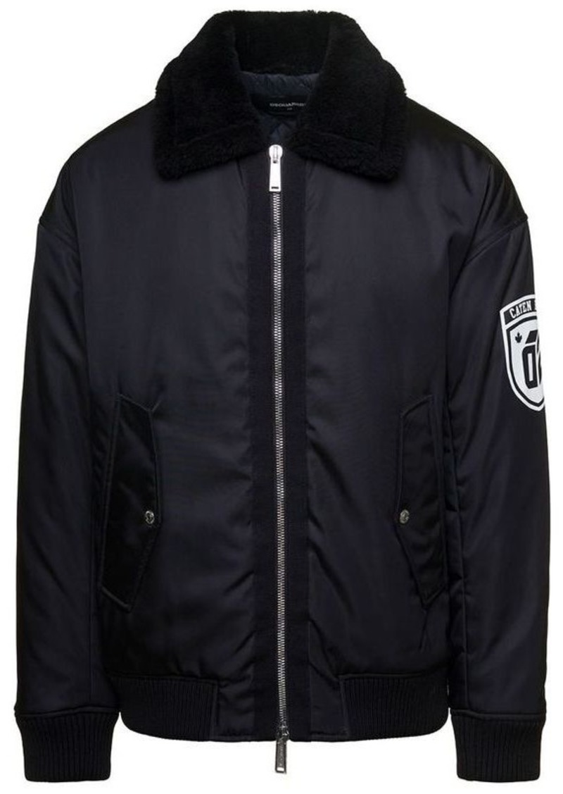 Dsquared2 'Ciprus' Black Bomber Jacket with Contrasting Logo Patch and Print in Nylon Man