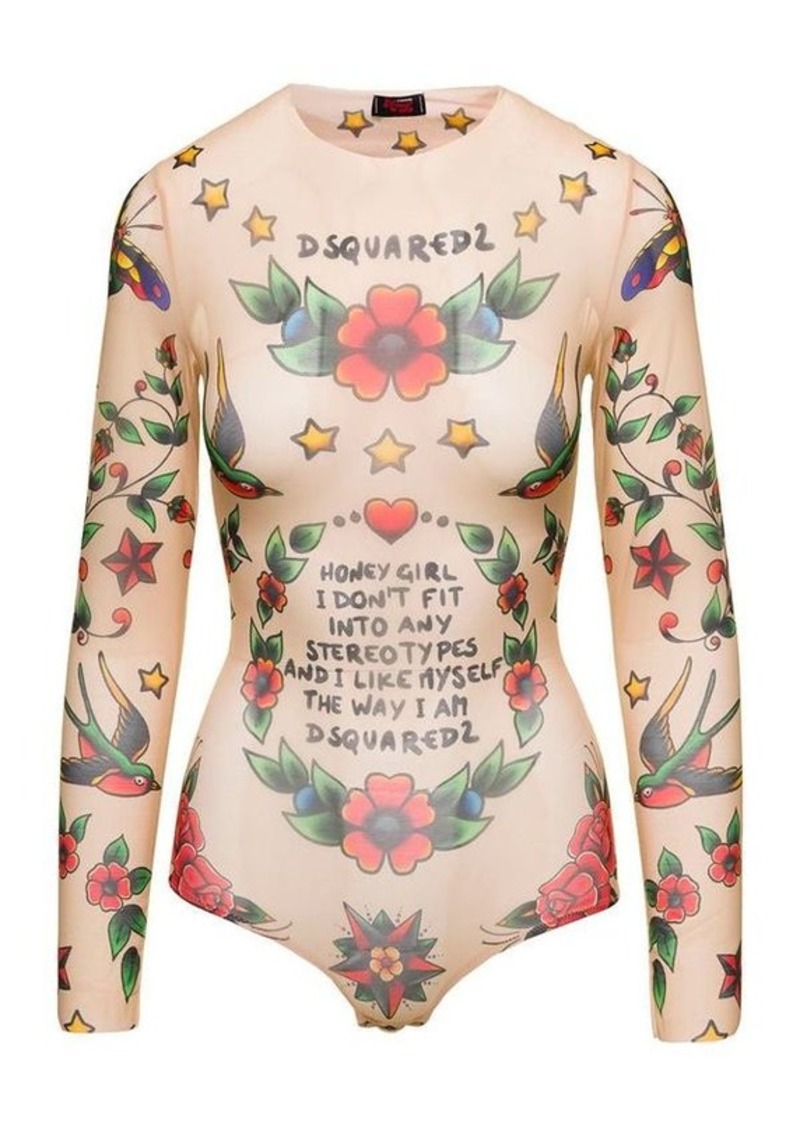 Long Sleeves Printed Body Suit in Tulle Flesh Pink Woman Dsquared2