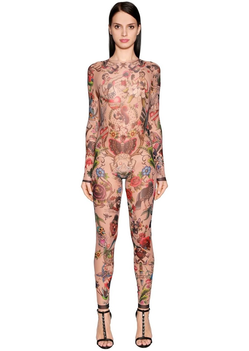 Tattoo Printed Stretch Tulle Jumpsuit - On Sale for $214.00 