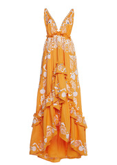 Dundas - Women's Embroidered Ramie Tiered Maxi Dress - Orange - Moda Operandi