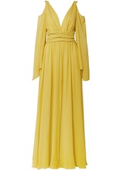 Dundas Woman Cold-shoulder Gathered Silk-georgette Gown Pastel Yellow