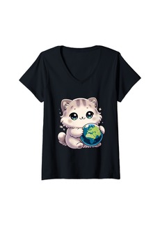Womens Adorable kuwaii Baby kitten & Globe Earth day V-Neck T-Shirt