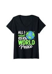 Womens All I Want Is World Peace Cute Earth Day 2024 Men Women Kids V-Neck T-Shirt