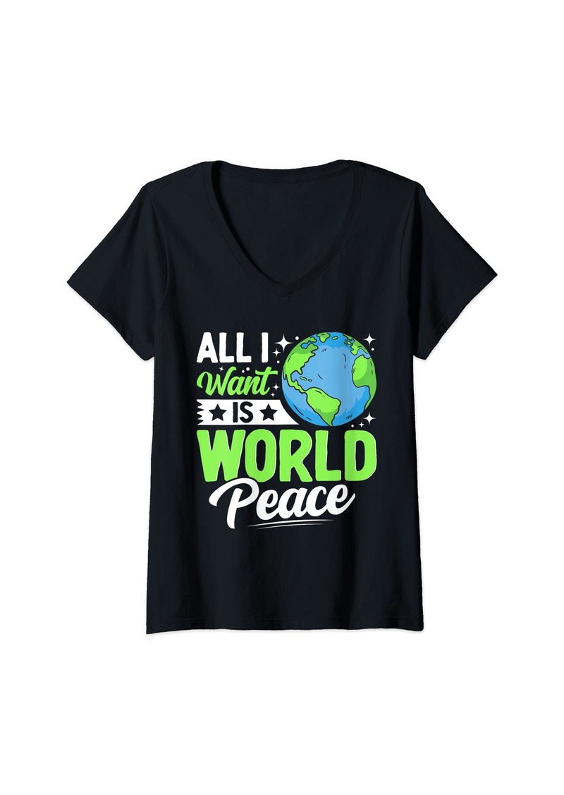 Womens All I Want Is World Peace Cute Earth Day 2024 Men Women Kids V-Neck T-Shirt