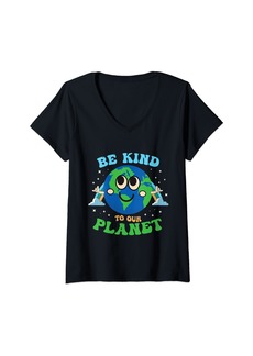 Womens Be Kind To Our Planet Earth Day 2024 Rainbow V-Neck T-Shirt