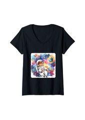 Earth Womens Capybara Astronaut Near Colorful Nebula. Floating Space Suit V-Neck T-Shirt