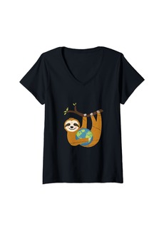 Womens Cute Animal Lover Sloth Earth Day V-Neck T-Shirt