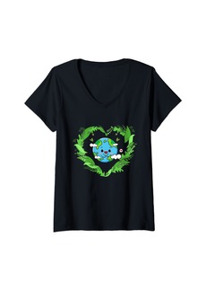 Womens Cute Earth Day 2024 Heart Earth Day Nature Kids Boys Girls V-Neck T-Shirt