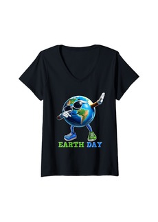 Womens Cute Earth Day Shirts Dabbing Earth for Men Women Kids V-Neck T-Shirt
