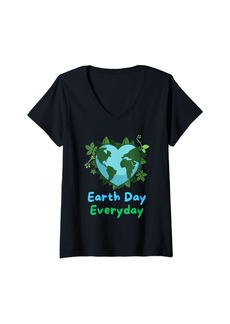Womens Cute Earth With Floral Earth Day 2024 Happy Earth Day V-Neck T-Shirt
