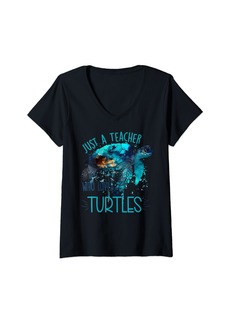 Womens Cute Sea Turtle Teacher Ocean Wildlife Earth Day Teacher V-Neck T-Shirt