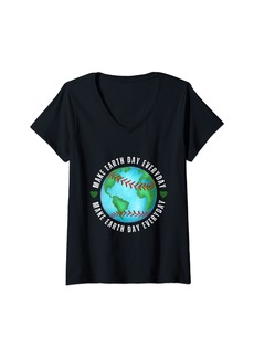Womens Earth Baseball Earth Day Everyday Sports Player Lovers V-Neck T-Shirt