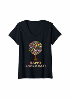 Womens Earth Day 2020 Colorful Flowers Tree Red Yellow Blue V-Neck T-Shirt