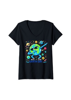 Womens Earth Day 2024 Earth Day Fun Kids Boys Dab V-Neck T-Shirt