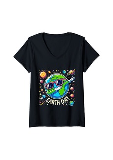 Womens Earth Day 2024 Funny Earth Day Kids Toddler Girls Boys Dab V-Neck T-Shirt
