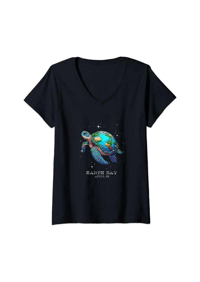 Womens Earth Day 2024 Restore Earth Sea Turtle Art Save the Planet V-Neck T-Shirt