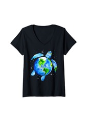 Womens Earth Day 2024 Restore Save The Planet Earth Sea Turtle Art V-Neck T-Shirt