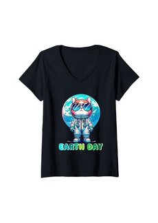 Womens Earth Day Cat Astronaut Save the world V-Neck T-Shirt