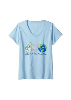Womens Earth Day Celebration for Teachers Peace Recycle love Earth V-Neck T-Shirt