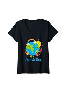 Womens Earth Day Cute Earth With Floral Earth Day 2024 Men Women V-Neck T-Shirt