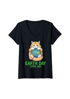 Womens Earth Day Every day Cat Earth Day Cat Lovers Recycling V-Neck T-Shirt