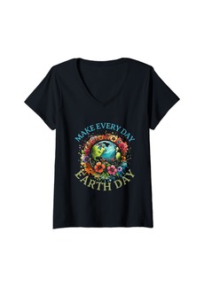 Womens Earth Day Every Day Groovy Retro 70s Earth Day for Kids V-Neck T-Shirt