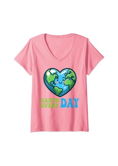 Womens Earth Day Everyday 2024 Design Heart-shaped Earth Groovy V-Neck T-Shirt