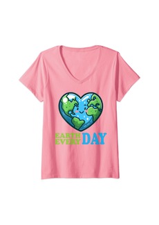 Womens Earth Day Everyday 2024 Design Heart-shaped Earth V-Neck T-Shirt