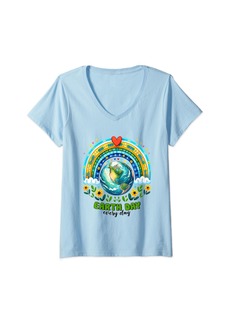 Womens Earth Day Everyday Rainbow Pretty Earth With Trees and Ocean V-Neck T-Shirt