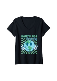 Womens Earth Day Everyday Smile Face Hippie Planet Anniversary V-Neck T-Shirt