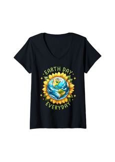Womens Earth Day Everyday Sunflower Environment Recycle Earth Day V-Neck T-Shirt