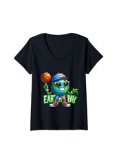 Womens Earth Day funny Earthplaying Basketballtoddlerkids 2024 V-Neck T-Shirt