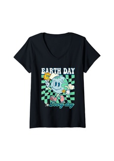 Womens Earth Day Groovy Everyday Checkered Environment 54th Anni V-Neck T-Shirt