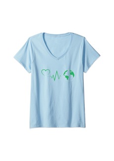 Womens Earth Day Heartbeat Earth Day 2024 Planet Earth Lovers V-Neck T-Shirt