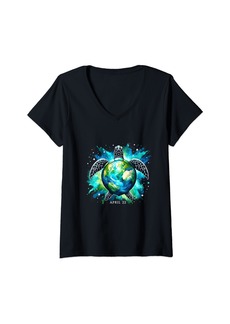 Womens Earth Day Restore Earth Sea Turtle Art Save the Planet V-Neck T-Shirt