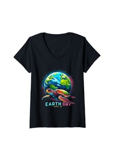Womens Earth Day Restore Earth Sea Turtle Art Save the Planet V-Neck T-Shirt