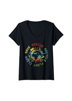 Womens Earth Day Save Rescue Animals Recycle Plastics Planet V-Neck T-Shirt