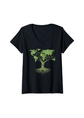 Womens Earth Day Shirt Cute World Map Tree Pro Environment Plant V-Neck T-Shirt