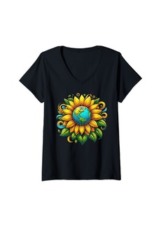 Womens Earth Day Sunflower Green Tree Climate Awareness Flower V-Neck T-Shirt