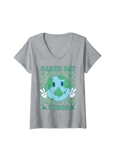 Womens Earth Day Vibes Groovy Lover Planet World Environmental V-Neck T-Shirt